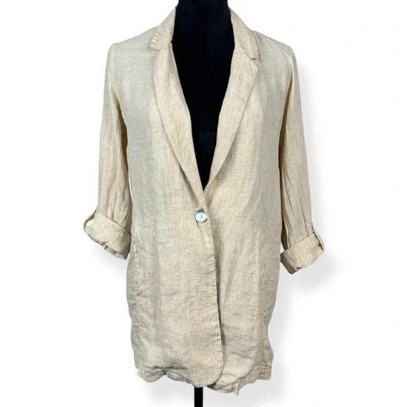 Christian Siriano Linen Blazer Jacket Womens Medium M Cream Long Roll Tab Sleeve - Picture 1 of 9